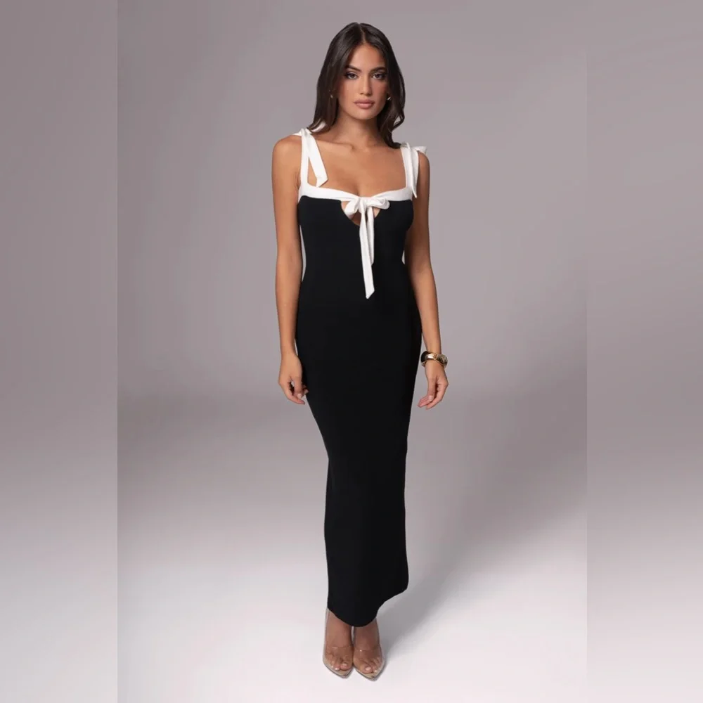 JLUXLABEL Black Ribbed Tie Front Bodycon Midi Dress - Picture 3 of 6